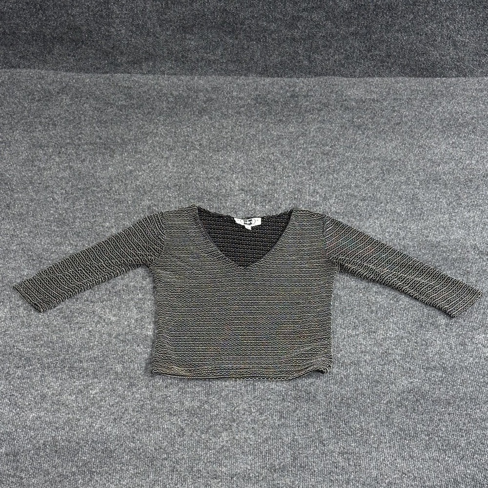Just U Shirt Womens Small Black Metallic V Neck Sheer Knit Stretch 3/4 Sleeve